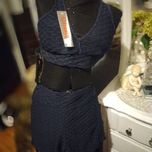 Groovy 2 piece navy blue ruffled athletic set
